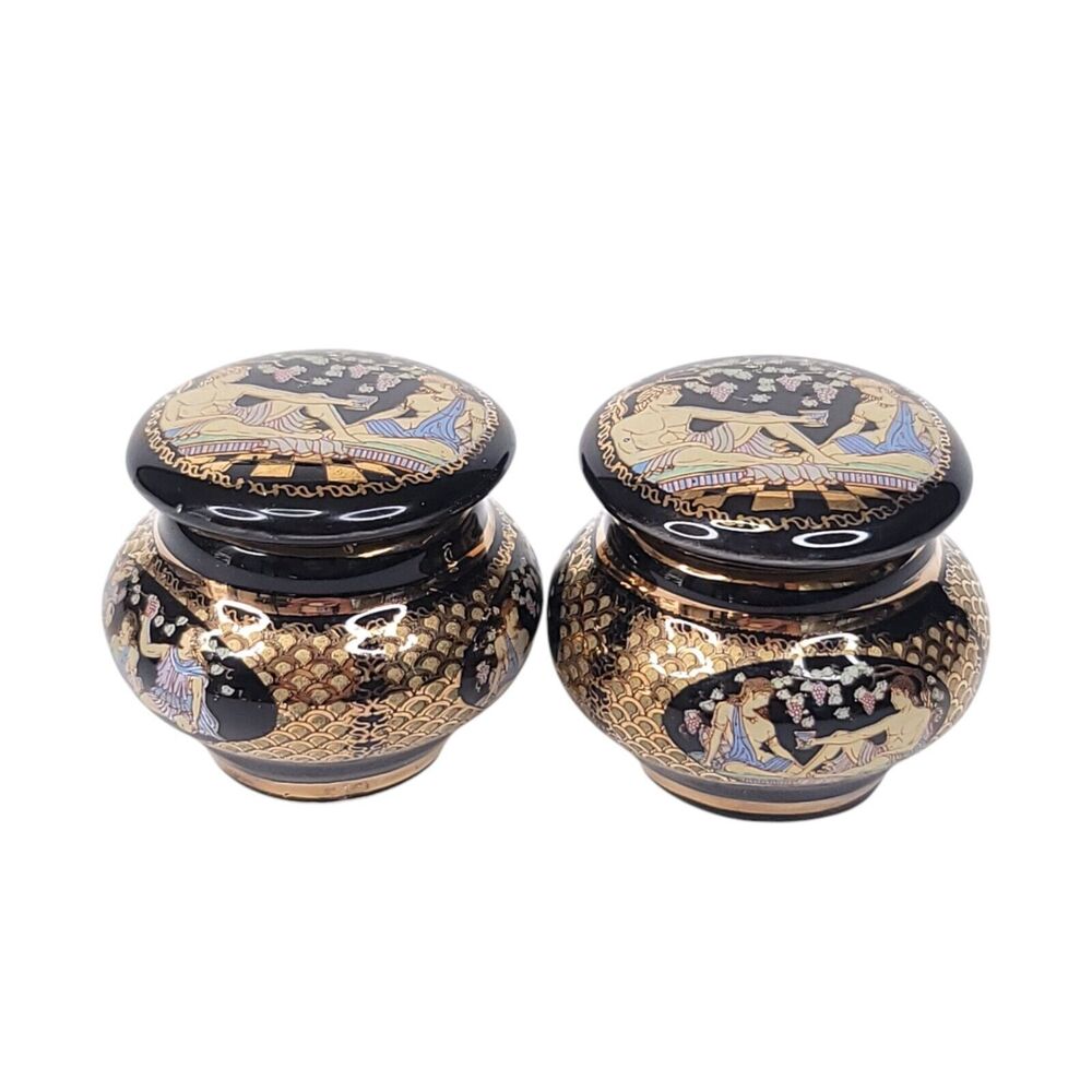Adis Vintage Pot Greek Ceramic 24K Gold Hand Painted Solid Perfume Mini Jar Lid